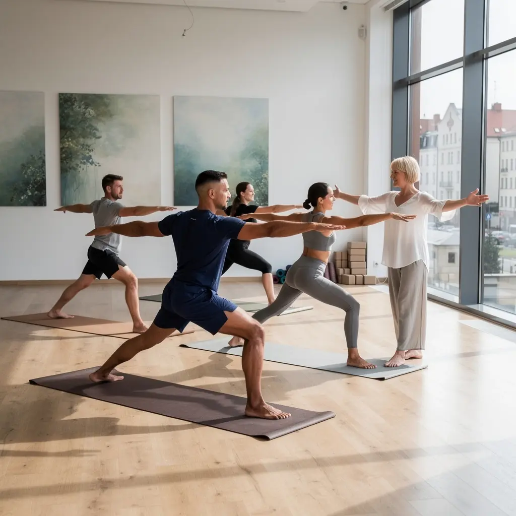 Instruktor prowadzący zajęcia jogi w plenerze, pokazujący pozycję drzewa.