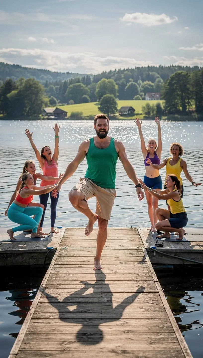 Grupa uczestników jogi w staniu na jednej nodze, koncentrujących się na równowadze.