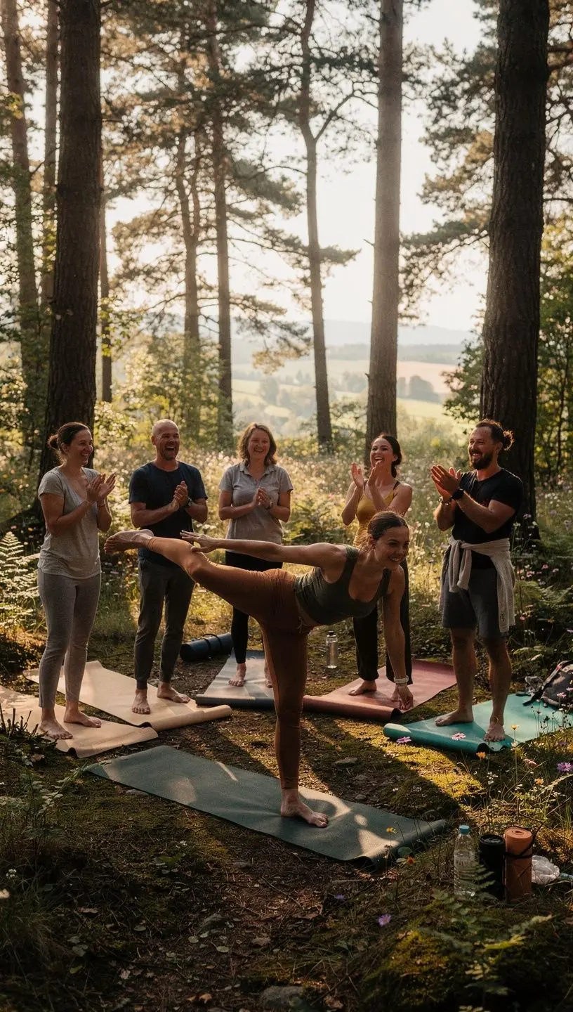 Grupa osób ćwiczących jogę na plaży podczas zachodu słońca, koncentrujących się na równowadze.