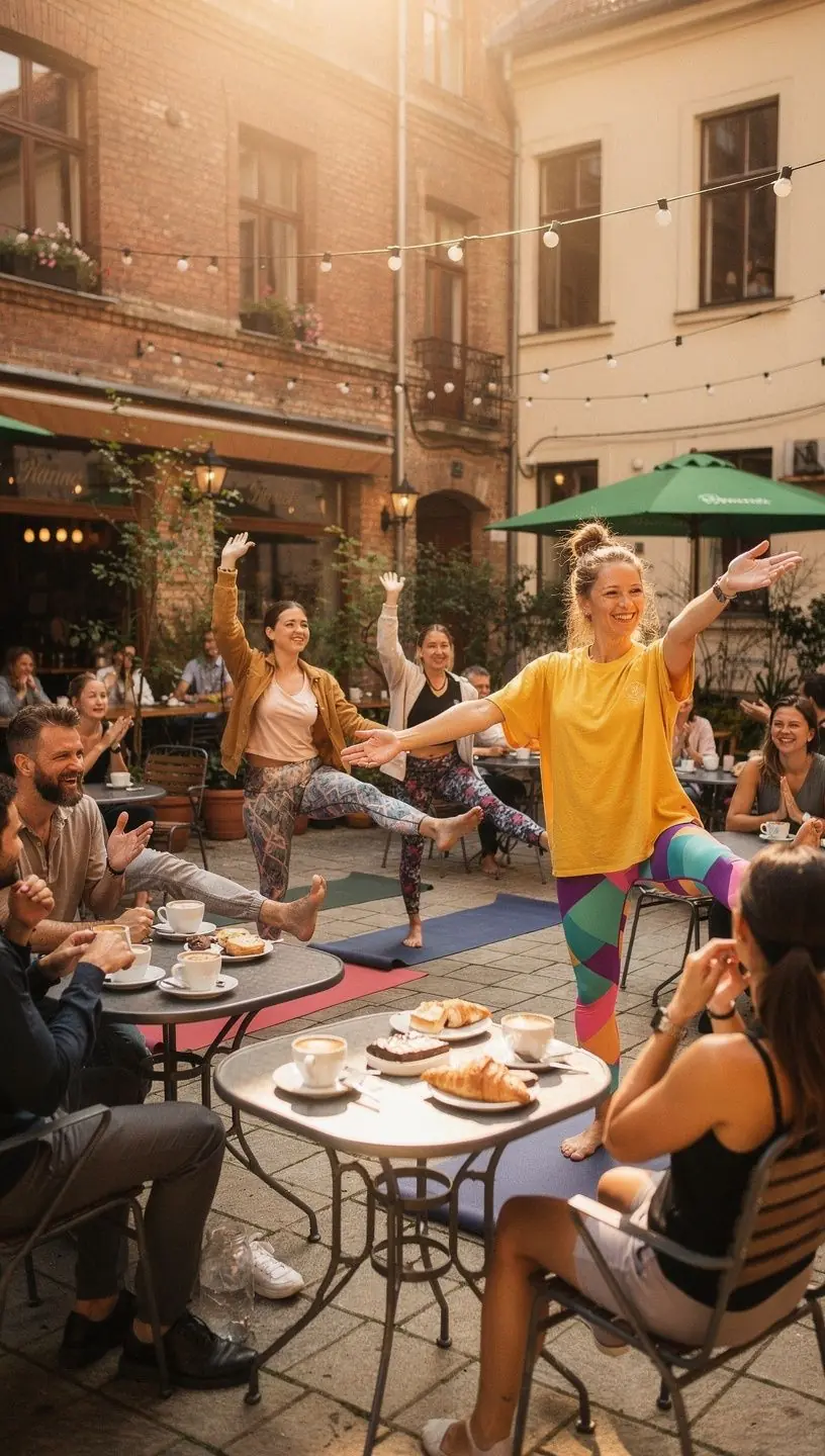 Grupa osób ćwiczących jogę na plaży podczas zachodu słońca, koncentrujących się na równowadze.