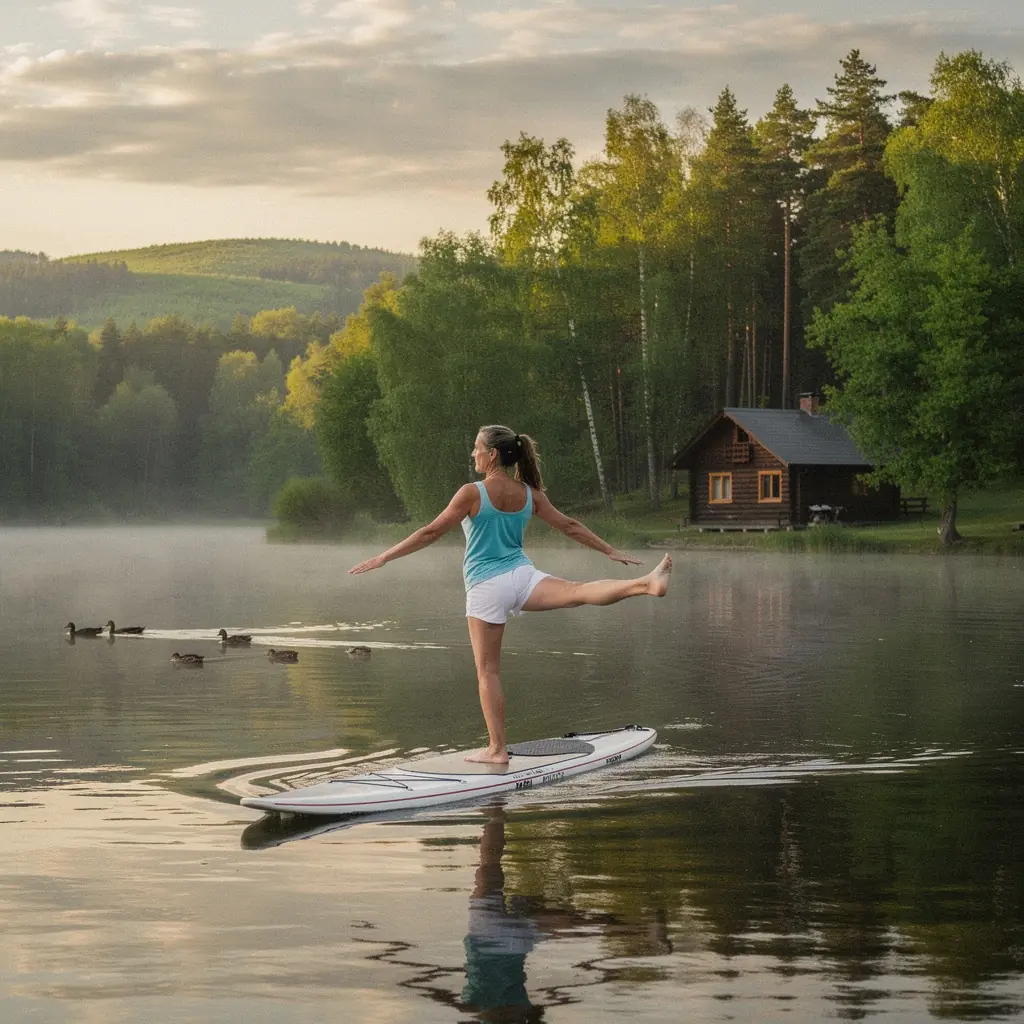 Grupa osób ćwiczących jogę na plaży podczas zachodu słońca, koncentrujących się na równowadze.