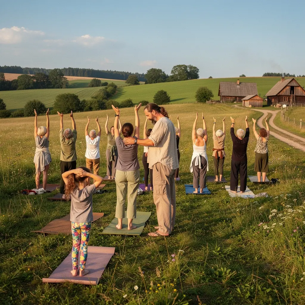 Grupa osób ćwiczących jogę na plaży podczas zachodu słońca, koncentrujących się na równowadze.