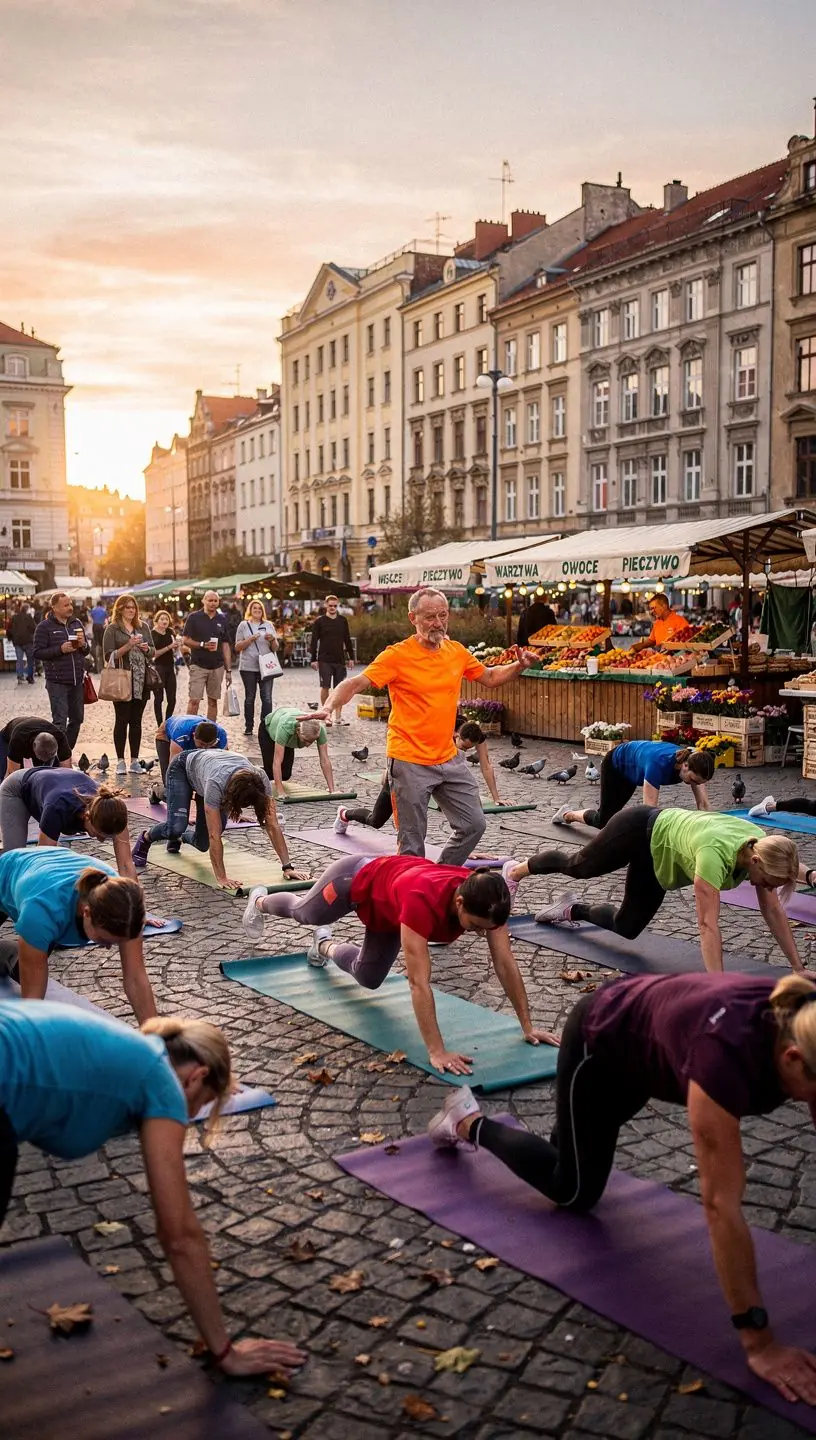 Grupa osób ćwiczących jogę na plaży podczas zachodu słońca, koncentrujących się na równowadze.