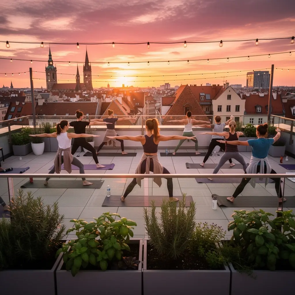 Grupa osób ćwiczących jogę na plaży podczas zachodu słońca, koncentrujących się na równowadze.
