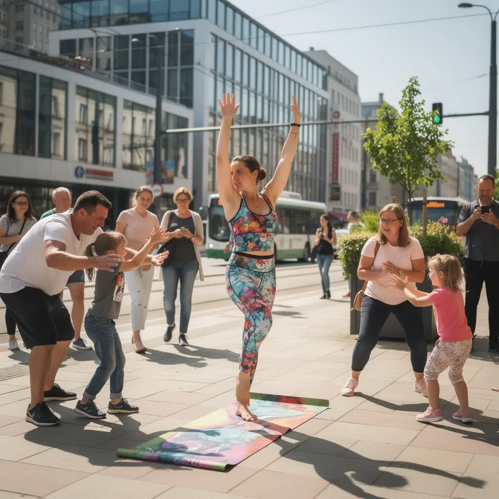 Grupa osób ćwiczących jogę na plaży podczas zachodu słońca, koncentrujących się na równowadze.