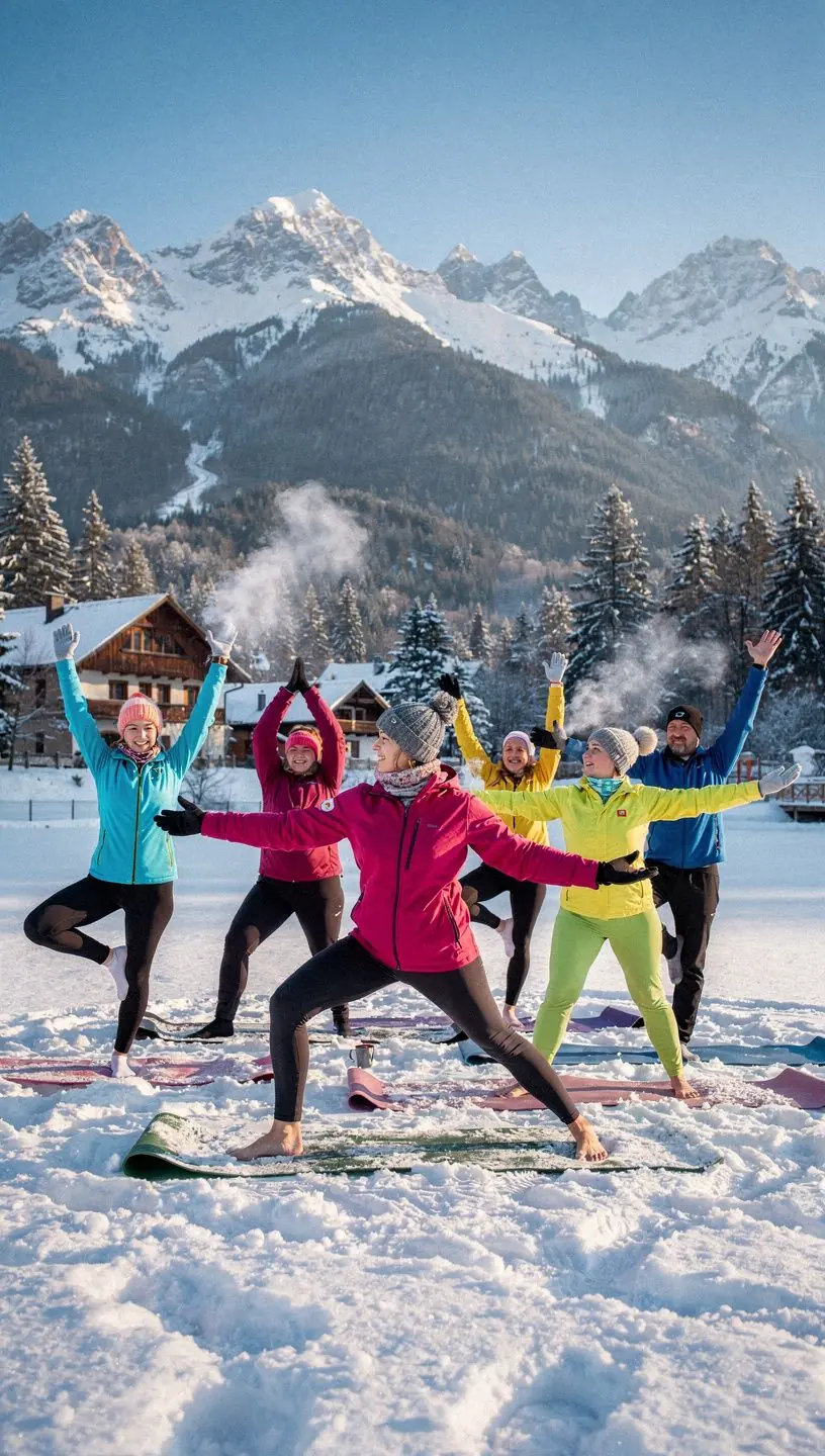 Grupa osób ćwiczących jogę na plaży podczas zachodu słońca, koncentrujących się na równowadze.