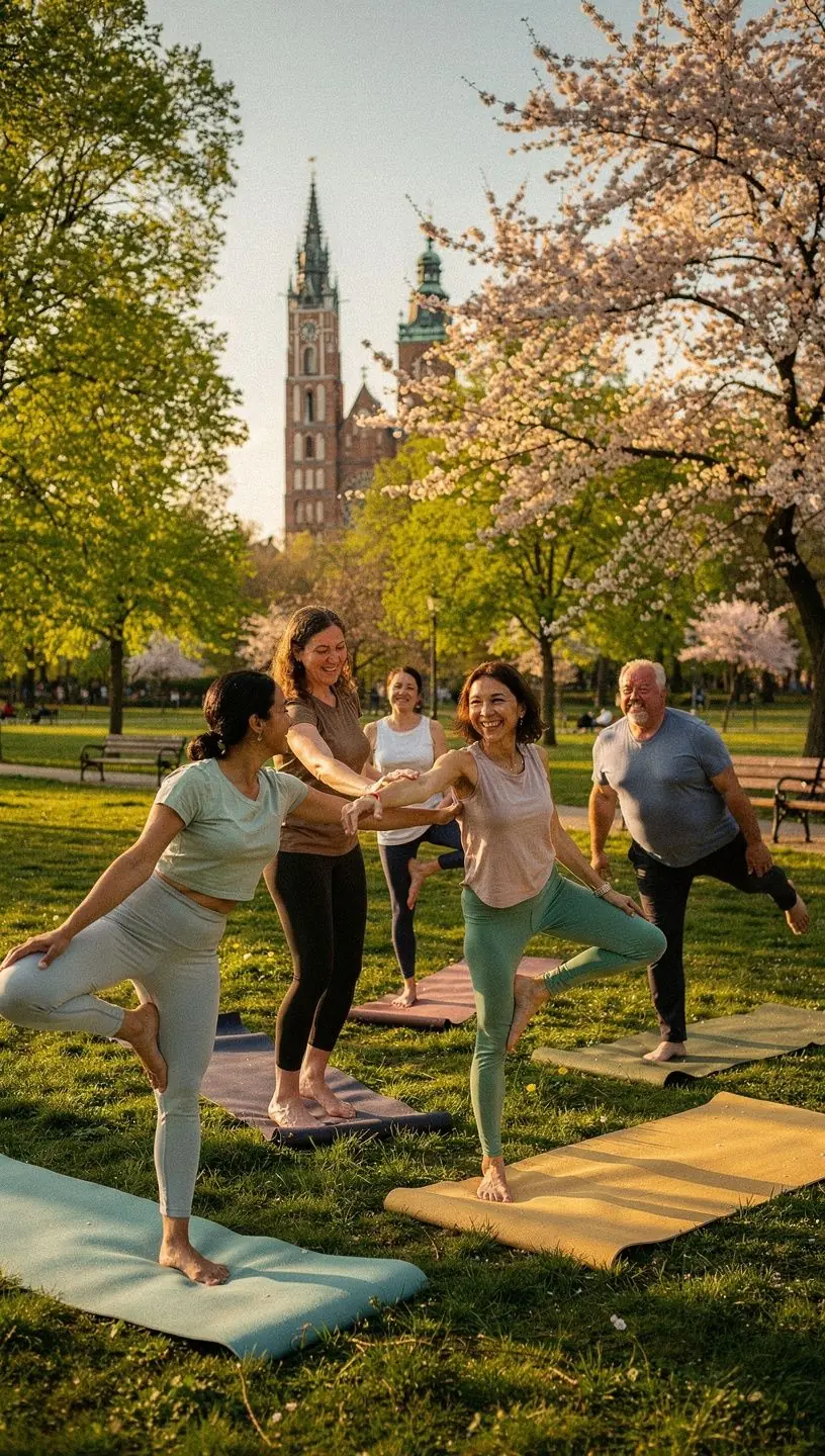 Praktyka jogi w pozycji stojącej, z osobą wykonującą skomplikowaną asanę na tle zielonego parku.