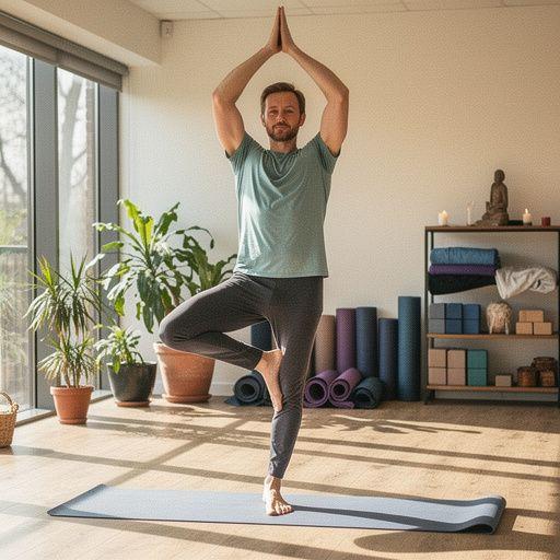 Uczestnik treningu stabilności z uniesioną nogą, trzymający ręce w górze.