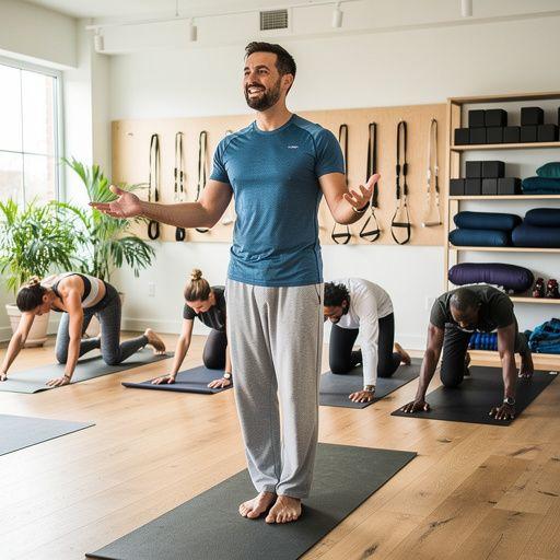 Widok grupy praktykujących jogę na plaży, wykonujących stojące asany.