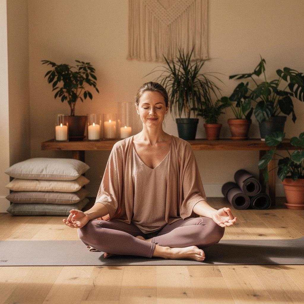 Osoba medytująca w pozycji stojącej, z zamkniętymi oczami i zrelaksowanym wyrazem twarzy.